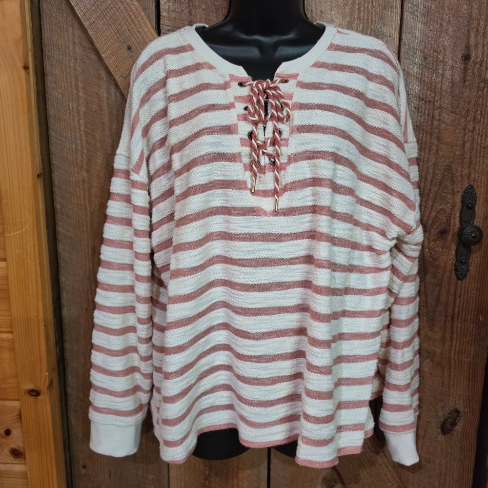 Maurices Stripe Lace-Up Tunic Sweatshirt Cream Salmon Pink Knit Women's XXL